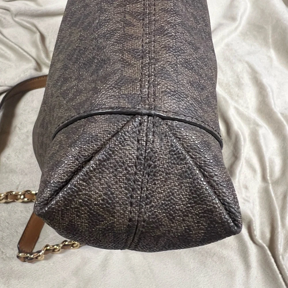Michael Kors Brown Signature Logo Tote Gold Chain Shoulder Bag